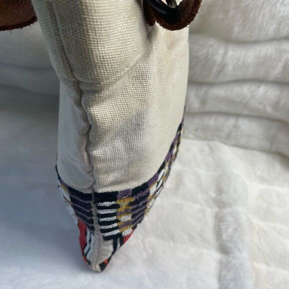 Jasper &Jeera beige canvas tote with multi color beads appliqué &leather straps - Picture 4 of 12